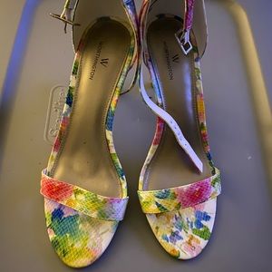 Floral print sling back sandal with heel